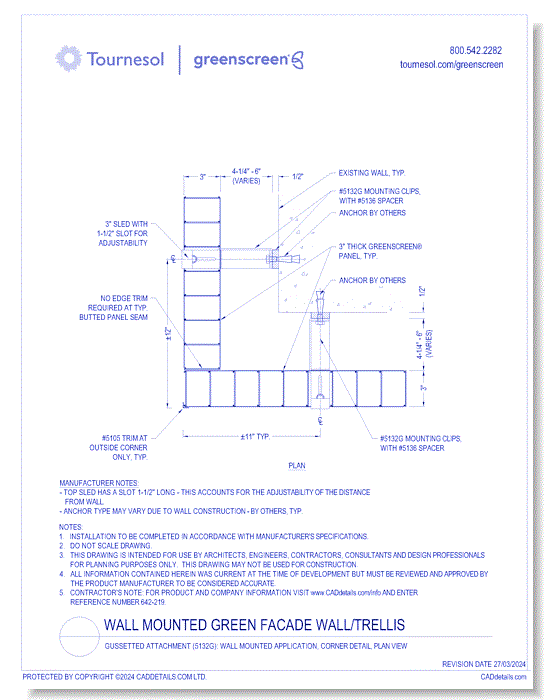 Gussetted Attachment (5132G): Wall Mounted Application, Corner Detail, Plan View