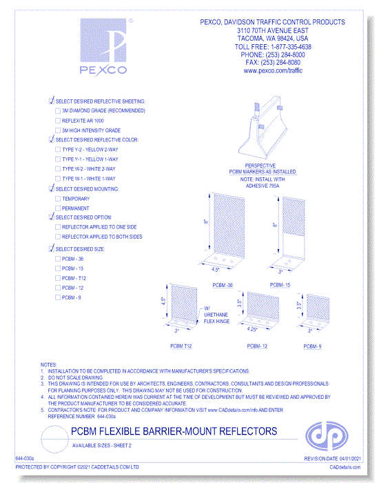 PCBM Flexible Barrier-Mount Reflectors - Available Sizes - Sheet 2