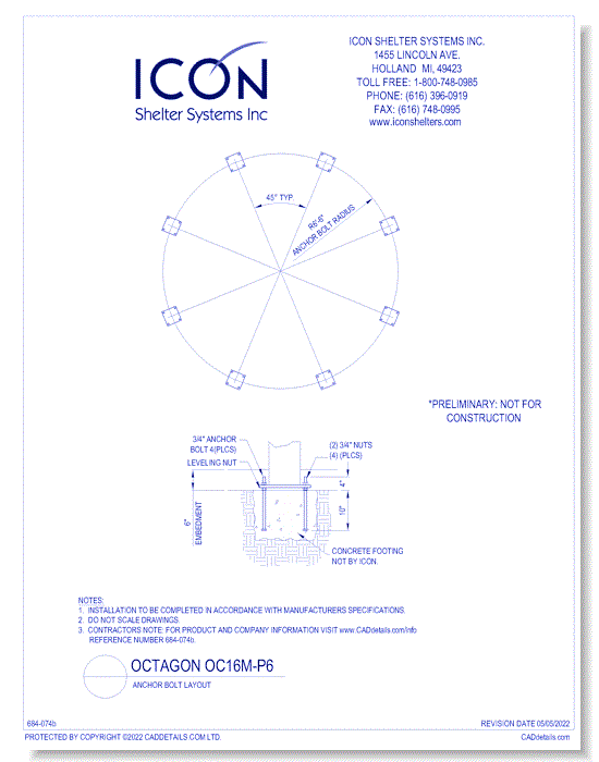 Octagon OC16M-ORN-P6 - Anchor Bolt Layout