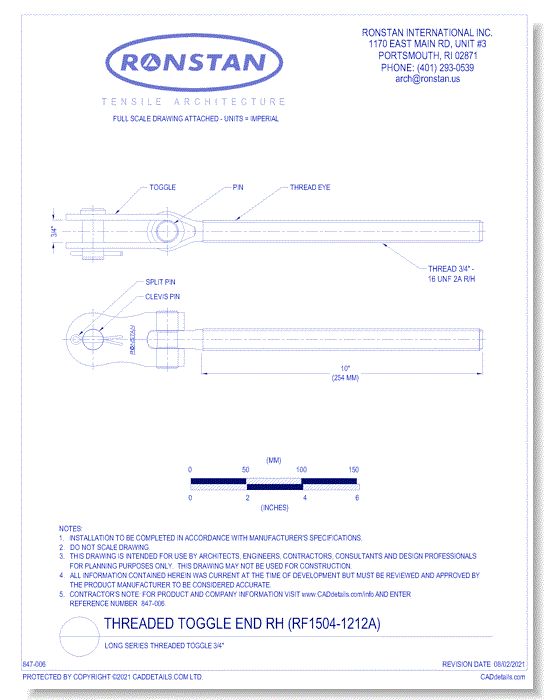 (RF1504-1212A) Threaded Toggle End RH: Long Series 3/4 Inch