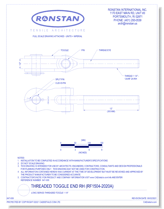 (RF1504-2020A) Threaded Toggle End RH: Long Series 1 1/4 Inch