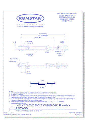 (RF1480-04 + RF1504-0404) J-1, Jaw-Jaw Closed Body SS Turnbuckle, Type 10, 1/4 Inch UNF Thread