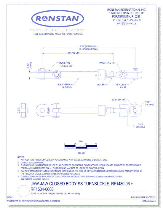 (RF1480-06 + RF1504-0606) J-3, Jaw-Jaw Closed Body SS Turnbuckle, Type 10, 3/8 Inch UNF Thread