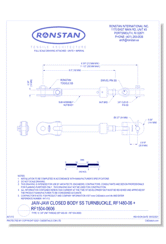 (RF1480-06 + RF1504-0606) J-3, Jaw-Jaw Closed Body SS Turnbuckle, Type 10, 3/8 Inch UNF Thread