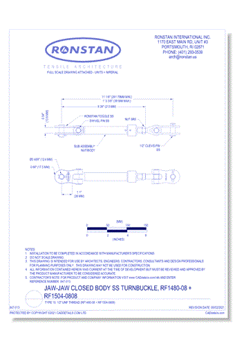 (RF1480-08 + RF1504-0808) J-4, Jaw-Jaw Closed Body SS Turnbuckle, Type 10, 1/2 Inch UNF Thread