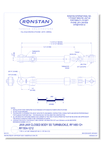(RF1480-12 + RF1504-1212) J-6, Jaw-Jaw Closed Body SS Turnbuckle, Type 10, 3/4 Inch UNF Thread