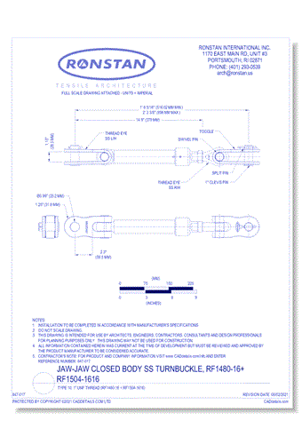 (RF1480-16 + RF1504-1616) J-8, Jaw-Jaw Closed Body SS Turnbuckle, Type 10, 1 Inch UNF Thread
