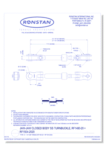 (RF1480-20 + RF1504-2020) J-9, Jaw-Jaw Closed Body SS Turnbuckle, Type 10, 1 1/4 Inch UNF Thread