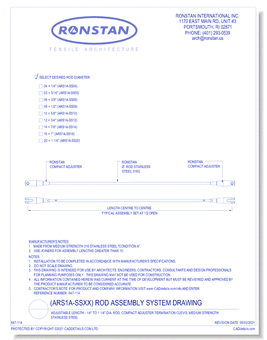 (ARS1-SS) Rod Assembly System Drawing For 1/4 inch To 1-1/4 Inch Dia Rod, Compact Adjuster Termination Clevis, High Strength Stainless Steel ( Rigging Systems )