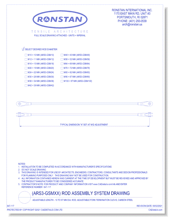 (ARS3-GSM) Rod Assembly System Drawing For 10mm To 97mm Dia Rod, Adjustable Fork Termination Clevis, Carbon Steel