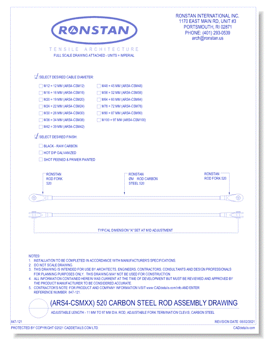 (ARS4-CSM) 520 Carbon Steel Threaded Rod and Threaded Fork (Clevis) Ends - Rod Dia. 10mm to 100mm