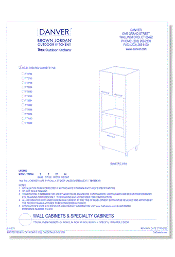 TTXXXX: Oven Cabinets - 24 Inch D, 84 Inch, 90 Inch, 96 Inch H (specify), 1 Drawer, 2 Door