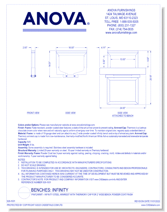 PINF2ARMT - Infinity Steel Armrest with Thermory Cap for 2' Wide Bench, Powder Coat Finish