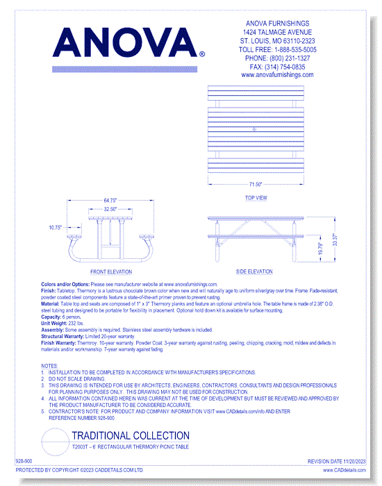 T2003T – 6’ Rectangular Thermory Picnic Table