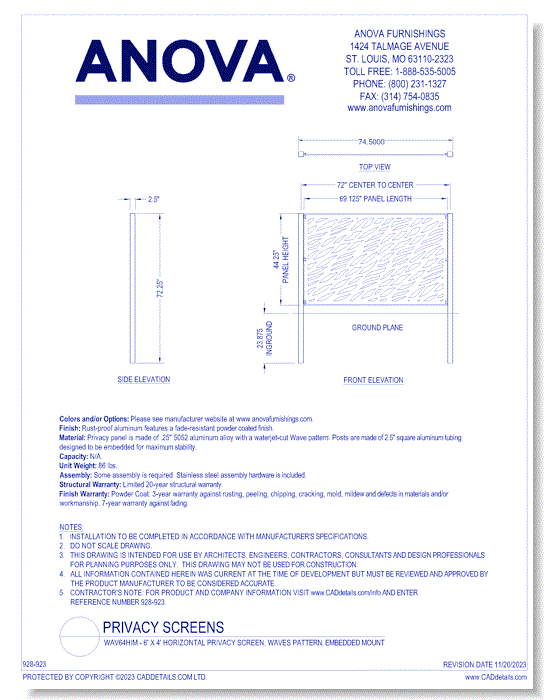 WAV64HIM - 6' x 4' Horizontal Privacy Screen, Waves Pattern, Embedded Mount