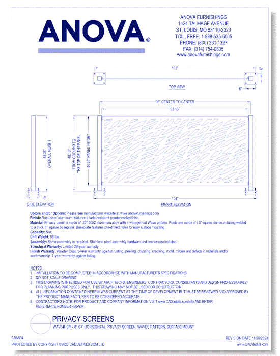 WAV84HSM - 8' x 4' Horizontal Privacy Screen, Waves Pattern, Surface Mount