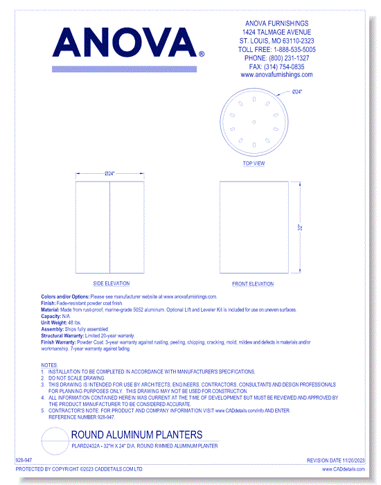 PLARD2432A - 32"H x 24" Dia. Round Rimmed Aluminum Planter