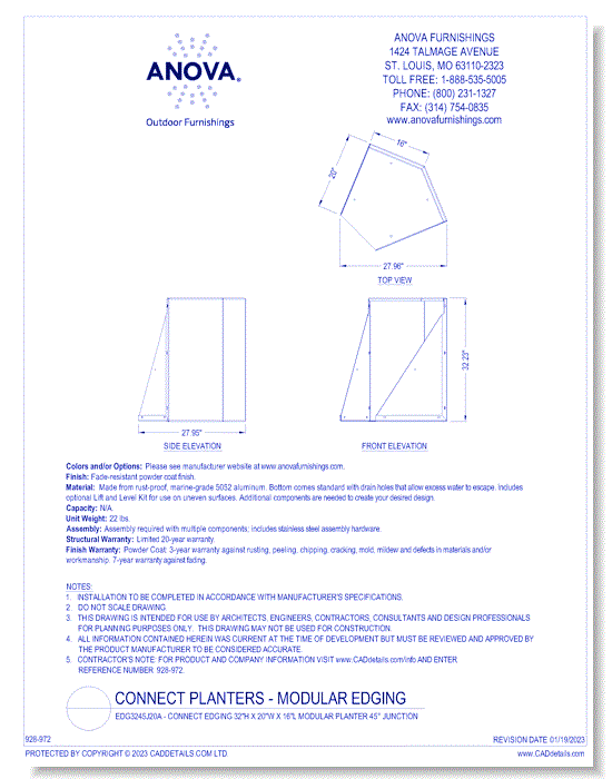 EDG3245J20A - Connect Edging 32"H x 20"W x 16"L Modular Planter 45° Junction
