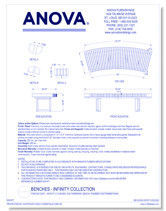 PINF24C1230T - Infinity 2' Curved 1230 Thermory Bench, Powder Coat Frame Finish