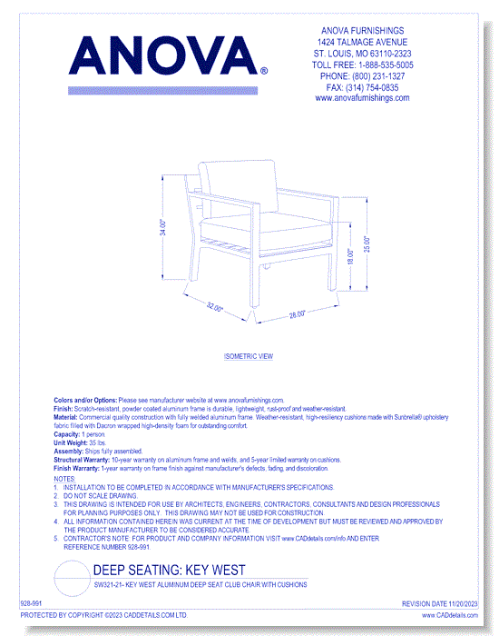 SW321-21 - Key West Aluminum Deep Seat Club Chair with Cushions