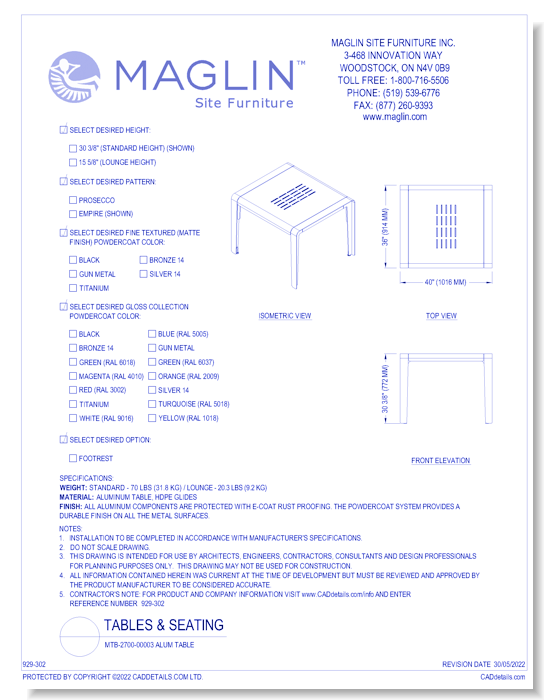 ALUM Table (MTB-2700-00003)